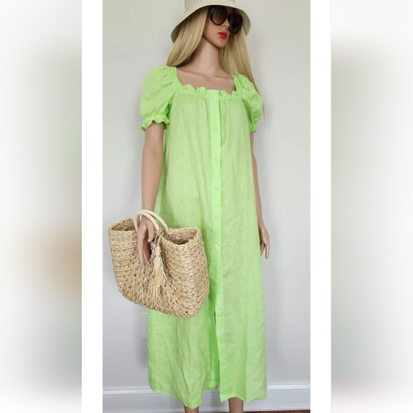 SLEEPER DRESS BRIGETTE GREEN LINEN BELT PUFF SLEEVES MIDI  SMALL - Picture 4 of 16